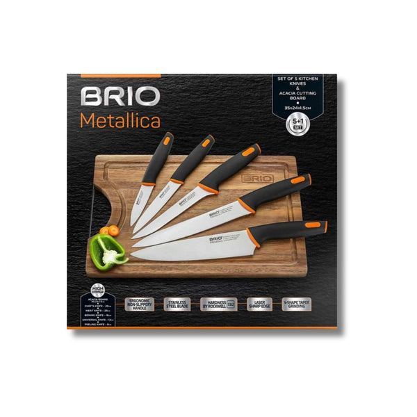 Brio Metallica – Комплект 5 кухненски ножа с акациева дъска за рязане, 6 части