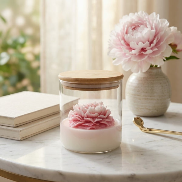 WeHome Candles „Божур“ – Ръчно изработена ароматна свещ от натурален восък в стъклен буркан